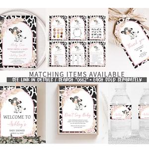 May include: A set of printable baby shower party decorations featuring a cute cartoon cow with pink flowers and a black and white cow print background. The text on the invitations reads "Holy Cow, We're Having a Baby!" and "Welcome to Ashley's Baby Shower".