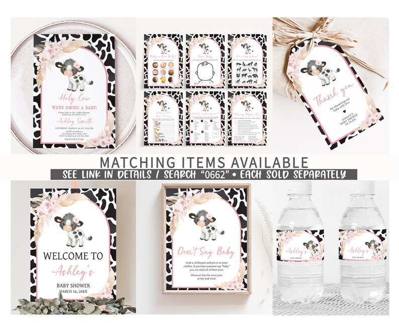May include: A set of printable baby shower party decorations featuring a cute cartoon cow with pink flowers and a black and white cow print background. The text on the invitations reads "Holy Cow, We're Having a Baby!" and "Welcome to Ashley's Baby Shower".