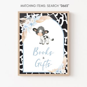 Niño Santa Vaca Bebé Ducha Libros y Regalos Signo, Azul Highland Vaca Bebé Ducha Regalos Signo, Boho Floral Granja Bebé Ducha Mesa Signos, 0663