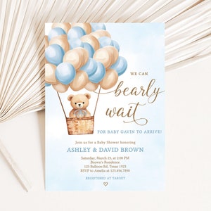 Invitación editable para baby shower con globo aerostático de niño oso, azul Podemos esperar la invitación para baby shower, invitación para baby shower con oso boho, 0697 imagen 1