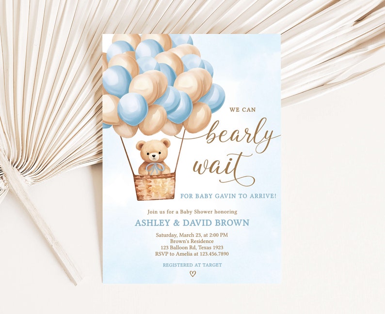 Invitación editable para baby shower con globo aerostático de niño oso, azul Podemos esperar la invitación para baby shower, invitación para baby shower con oso boho, 0697 imagen 1