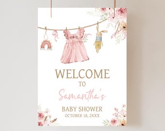 Editable A Sweet Baby Girl Baby Shower Welcome Sign, Pink Floral Baby Clothesline Baby Shower Welcome Poster, Boho Laundry Shower Sign 01163