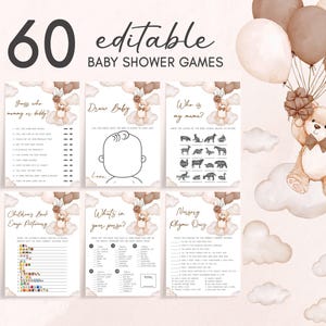 a baby shower game with a teddy bear holding a bunch of balloons