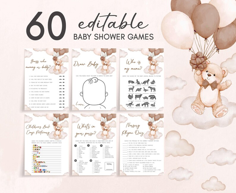 a baby shower game with a teddy bear holding a bunch of balloons