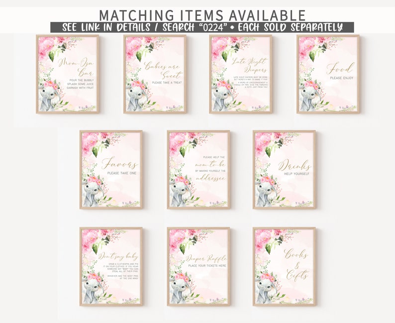 May include: Ten printable signs with floral and bunny illustrations for a baby shower. The signs include titles like "Mom-Isa Bar", "Babies are Sweet", "Late Night Diapers", "Food", "Favors", "Drinks", "Don't Say Baby", "Diaper Raffle", and "Books & Gifts".