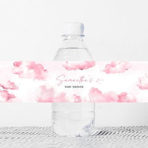 Bewerkbaar op Cloud 9 label babyshowerfles, roze We're On Cloud Nine label babyshower, babymeisje Cloud stickers babyshowerfles, 01103