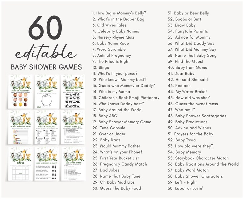 60 Editable Safari Animals Baby Shower Games Bundle, Baby Shower Bingo Game, Old Wives Tales, Baby Shower Game, Baby Shower Games
Baby Shower Bundle, Shower Games, Printable Games, Baby Shower Activity, Fun Baby Shower Game, Baby Predictions
