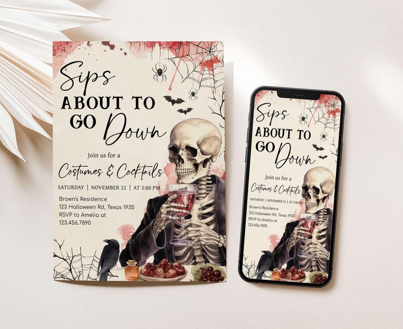 a Halloween-themed invitation and a smartphone displaying the same invitation.