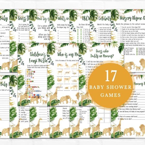 Safari Baby Shower Games Bundle, Boy Baby Shower, Jungle Theme Baby Shower Games, Gold, Animal Theme Baby Shower, Instant Download BSL 117
