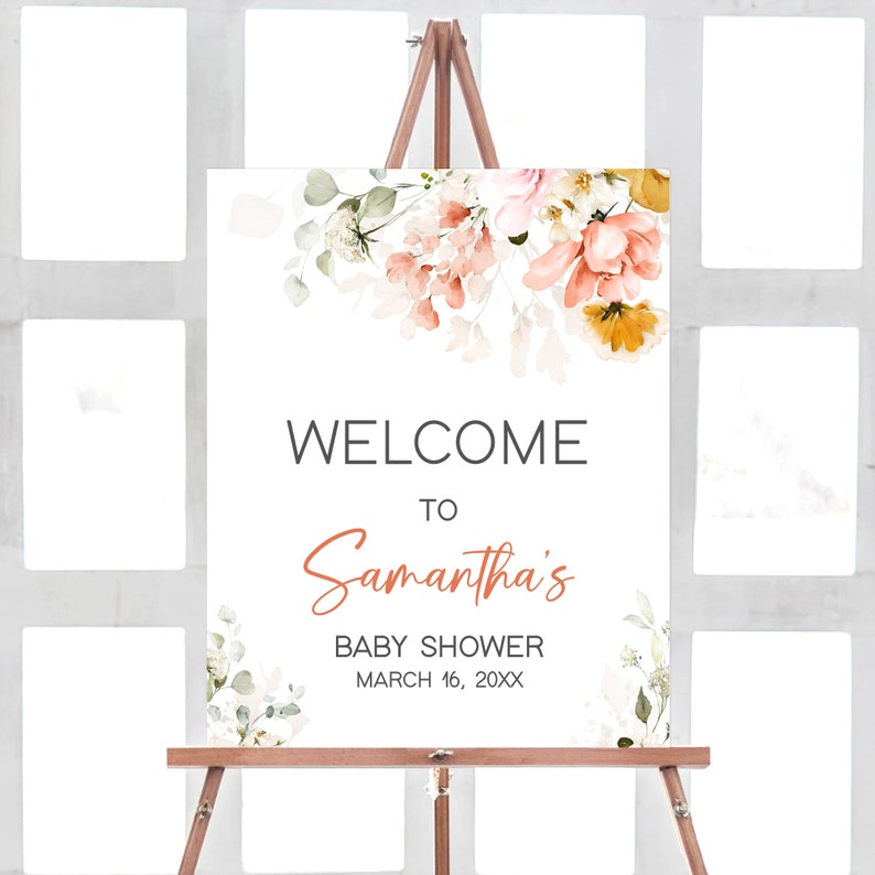 Editable Oh Baby Spring Baby Shower Welcome Sign, Spring Flowers Baby Shower Welcome Poster, Pink Floral Girl Baby Shower Sign Template 0628 image 1