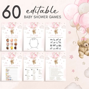 Editable Pink Girl Bear Balloon Baby Shower Games Bundle, We Can Bearly Wait Girl Baby Shower Game Pack, Boho Bear Baby Shower Games, 0599 image 1