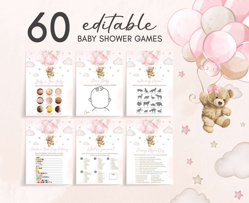 Editable Pink Girl Bear Balloon Baby Shower Games Bundle, We Can Bearly Wait Girl Baby Shower Game Pack, Boho Bear Baby Shower Games, 0599 image 1