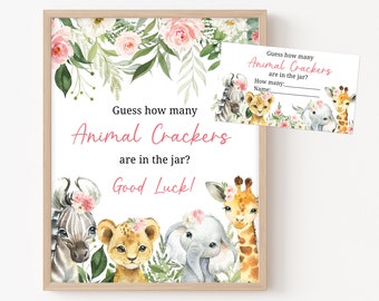 Guess How Many Animal Crackers Game Sign Jungle Baby Shower Girl Safari Animals Baby Shower Game Sign Floral Shower Printable  Template 0185