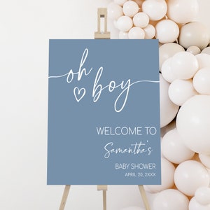 Bearbeitbares Oh Boy Minimalist Baby Shower Willkommensschild, Boho Baby Shower Willkommen Poster, modernes blaues Baby Boy Baby Shower Schild Vorlage, 0655
