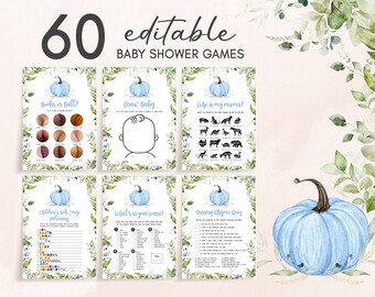 Editable Oh Boy Pumpkin Baby Shower Games Bundle, Greenery Pumpkin Baby Shower Game Pack, Autumn Fall Baby Shower Games, Blue Pumpkin 0405