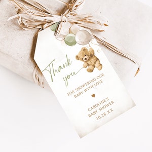 Editable Gender Neutral Bear Baby Shower Favor Tags, We Can Bearly Wait Baby Shower Gift Tag, Green Balloon Bear Shower Thank You Tags, 0526 image 3