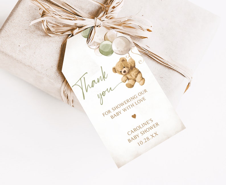 Editable Gender Neutral Bear Baby Shower Favor Tags, We Can Bearly Wait Baby Shower Gift Tag, Green Balloon Bear Shower Thank You Tags, 0526 image 3