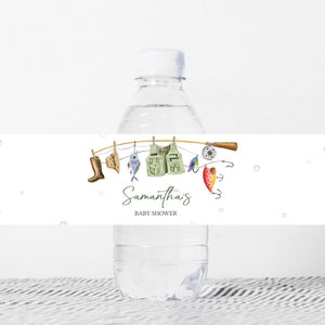 Étiquette modifiable de bouteille de douche de bébé de pêche, étiquette d'eau de douche de bébé nautique de moulinet de pêche, autocollant de bouteille de petit pêcheur sur le chemin, 0835