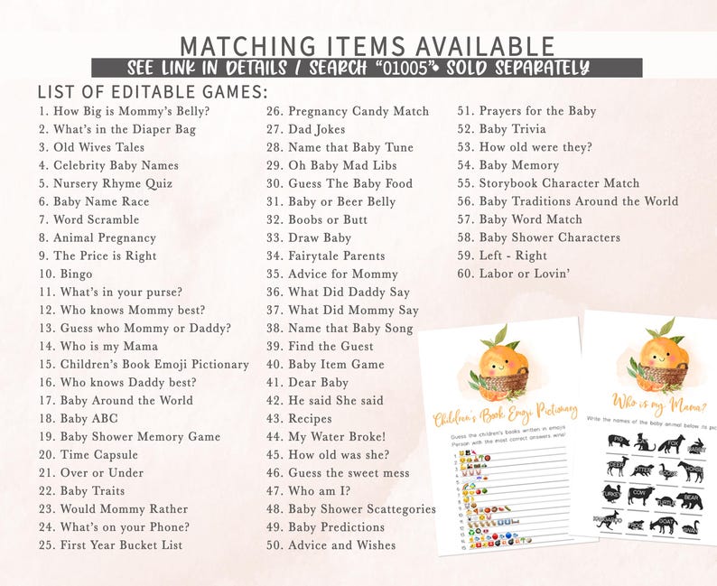 a list of matching items available for a baby shower