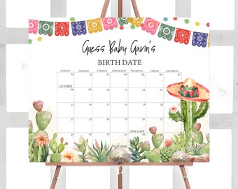 May include: A printable baby shower game featuring a calendar with a cactus and sombrero design. The game asks guests to guess the baby's birth date. The calendar shows the months of October and November.