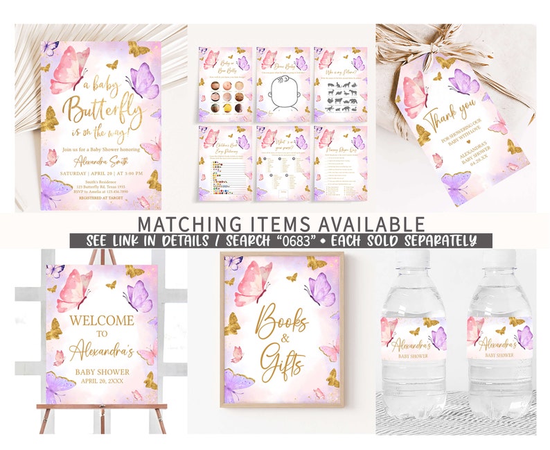 Bewerkbare bundel roze vlinder meisje babyshower spelletjes, paarse vlinders babyshower game pack, gouden boho vlinder babyshower spelletjes, 0683 afbeelding 2