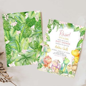 Editable Baby Girl Dinosaur Baby Shower Invitation, Floral Dino Baby Shower Invite, Greenery Dinosaur Girl Baby Shower Invitation, 0688 image 2