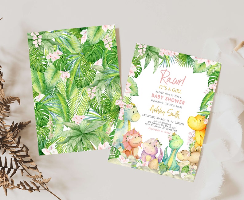 Editable Baby Girl Dinosaur Baby Shower Invitation, Floral Dino Baby Shower Invite, Greenery Dinosaur Girl Baby Shower Invitation, 0688 image 2