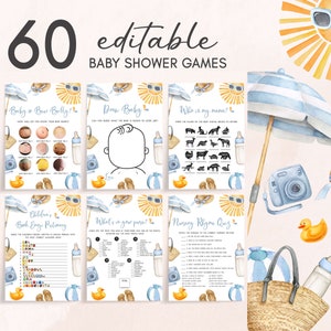 Peut inclure: Un ensemble de 6 cartes de jeu de baby shower imprimables sur le thème de l'été. Les cartes présentent un parasol de plage bleu et blanc à rayures, un canard en caoutchouc jaune, un chapeau de paille, un appareil photo, un biberon de lait pour bébé et un panier en osier. Les titres des jeux sont "Baby on Beer Belly", "Draw Baby", "Who is my mama?", "Children's Book Emoji Pictionary", "What's in your purse?", et "Nursery Rhyme Quiz".