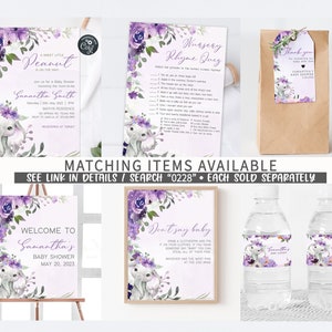 Op de afbeelding: Paarse en grijze baby shower decoraties met een aquarel olifant ontwerp. De set bevat een welkomstbord, een 'zeg niet baby' spel, een kinderliedjes quiz, een cadeautas en waterfles etiketten. De tekst op het welkomstbord luidt 'Welkom op Samantha's baby shower 20 mei 2023'.
