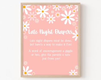 Late Night Diapers Sign Daisy Baby Shower, Bohemian Baby Shower Diaper Thoughts Sign, Retro Daisy Groovy Party Decor Printable Template 0230