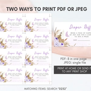 K&ouml;nnte beinhalten: Druckbare Windel-Tombola-Karten mit einem floralen Design in den Farben Lila, Gold und Wei&szlig;. Der Text lautet "Windel-Tombola" und "Bringen Sie eine Packung Windeln in jeder Gr&ouml;&szlig;e mit, um die Chance auf einen Preis zu gewinnen!"