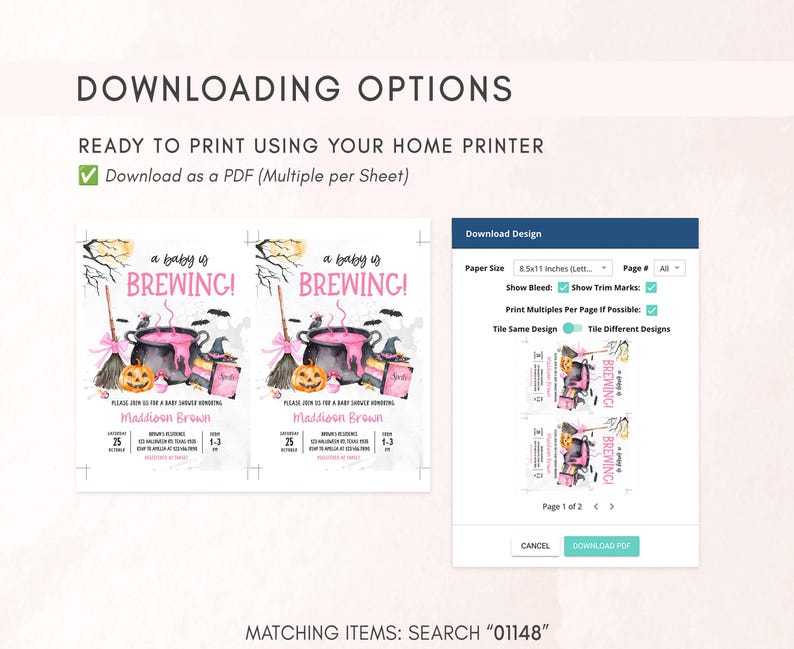 The image is a screenshot of a digital design for a baby shower invitation, which includes options for printing the invitation on a home printer and customizing the design.