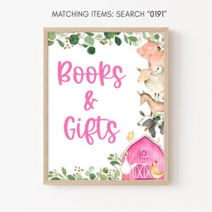 Cadeaux et livres pour baby shower animaux de la ferme fille rose signe de cadeau de shower de bébé ferme rose Baby Shower pour fille modèle imprimable 0191