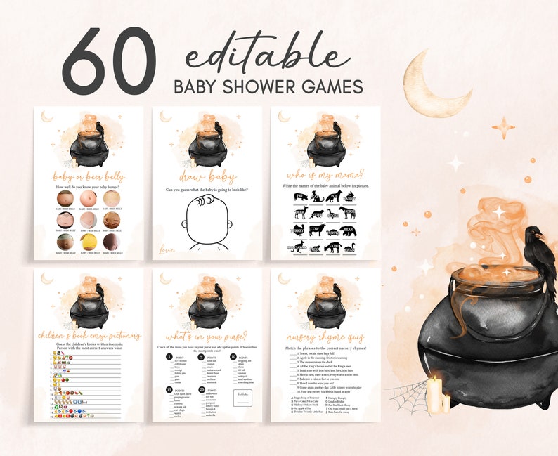 Editable A Baby is Brewing Halloween Baby Shower Games Bundle, Gender Neutral Halloween Baby Shower Game Pack, Witch Baby Shower Games 0469 image 1