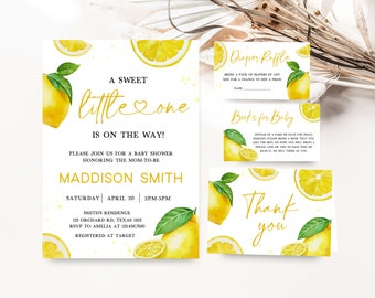 Editable Lemon Baby Shower Invitation Bundle, Lemonade Baby Shower Invite Set, Gender Neutral Summer Citrus Baby Shower Invitation, 0720