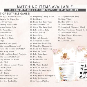 May include: A printable set of 60 baby shower games featuring a highland cow illustration. The games include "How Big is Mommy's Belly?", "What's in the Diaper Bag", "Old Wives Tales", "Celebrity Baby Names", "Nursery Rhyme Quiz", "Baby Name Race", "Word Scramble", "Animal Pregnancy", "The Price is Right", "Bingo", "What's in your purse?", "Who knows Mummy best?", "Guess who Mummy or Daddy?", "Who is my Mama", "Children's Book Emoji Pictionary", "Who knows Daddy best?", "Baby Around the World", "Baby ABC", "Baby Shower Memory Game", "Time Capsule", "Over or Under", "Baby Traits", "Would Mommy Rather", "What's on your Phone?", "First Year Bucket List", "Pregnancy Candy Match", "Dad Jokes", "Name that Baby Tune", "Oh Baby Mad Libs", "Guess The Baby Food", "Baby or Beer Belly", "Boobs or Butt", "Draw Baby", "Fairytale Parents", "Advice for Mommy", "What Did Daddy Say", "What Did Mommy Say", "Name that Baby Song", "Find the Guest", "Baby Item Game", "Dear Baby", "He said She said", "Recipes", "My Water Broke!", "How old was she?", "Guess the sweet mess", "Who am I?", "Baby Shower Scattegories", "Baby Predictions", "Advice and Wishes", "Prayers for the Baby", "Baby Trivia", "How old were they?", "Baby Memory", "Storybook Character Match", "Baby Traditions Around the World", "Baby Word Match", "Baby Shower Characters", "Left - Right", and "Labor or Lovin'".