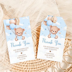 Editable We Can Bearly Wait Baby Shower Favor Tag, Blue Bear Baby Shower Gift Tag, Boy Bear Balloon Boho Baby Shower Thank You Tag, 01104