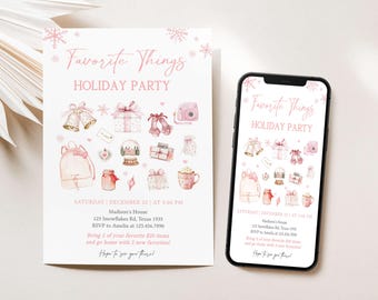 May include: A pink and white invitation and a smartphone screen displaying a "Favorite Things Holiday Party" design. The invitation features watercolor illustrations of gifts, bells, and a camera. The text includes the date, time, and RSVP information.