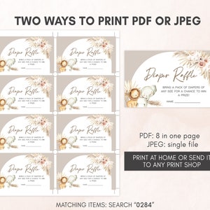 May include: Printable diaper raffle cards with a jungle animal theme. The cards feature a lion and elephant with a floral design. The text on the cards reads "Diaper Raffle" and "Bring a pack of nappies of any size for a chance to win a prize!"
