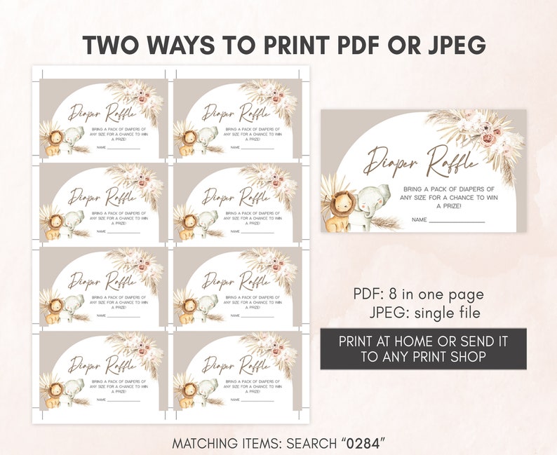 May include: Printable diaper raffle cards with a jungle animal theme. The cards feature a lion and elephant with a floral design. The text on the cards reads "Diaper Raffle" and "Bring a pack of nappies of any size for a chance to win a prize!"