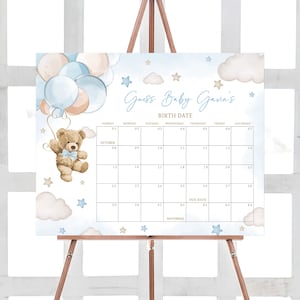 Bearbeitbarer Junge-Bär-Ballon-Babyparty-Fälligkeitsdatumskalender, Wir können Bären-Babypartykalender warten, Blauer Boho-Bär-Geburtstagsvorhersagen, 0623