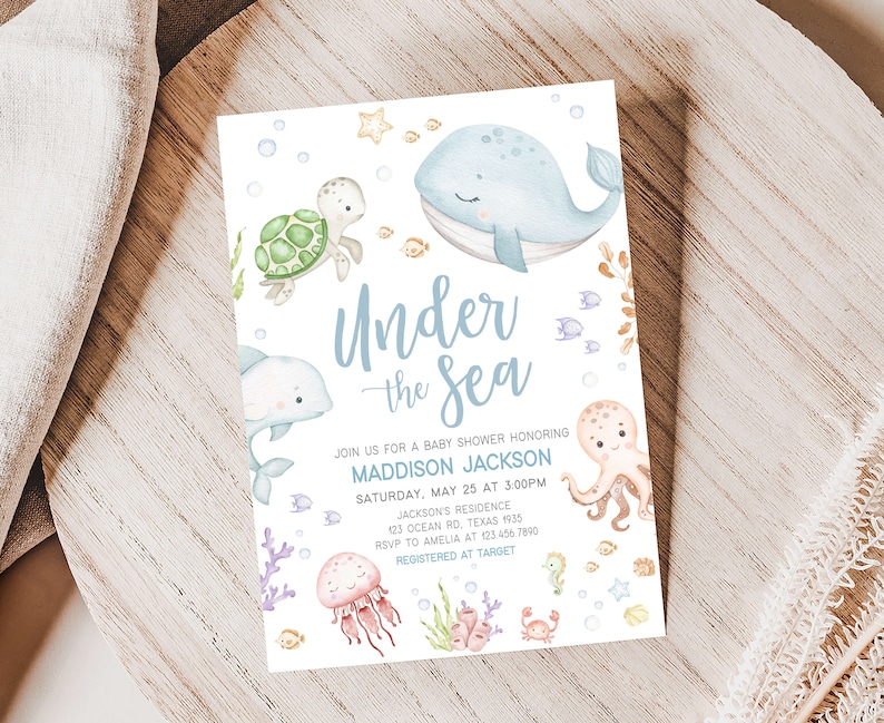 Bearbeitbar Unter dem Meer-Babyparty-Einladung, Geschlechtsneutrale nautische Babyparty-Einladung, Meereskreaturen Ozean-Babyparty-Einladung, 0716 Bild 1