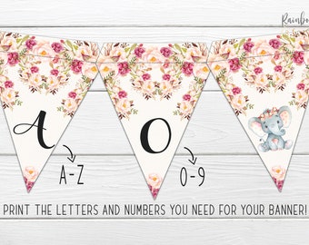 Elefant-Babyparty-Girlanden-Banner, rosa Blumenelefantenbanner, Mädchen, rustikales Babyparty-Thema, druckbares Partygirlande BSL 87