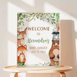 Editable Woodland Baby Shower Welcome Sign, Greenery Woodland Animals Baby Shower Welcome Poster, Forest Animals Sign, Gender Neutral 0400