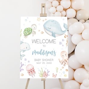 Editable bajo el mar baby shower signo de bienvenida, cartel de bienvenida de baby shower náutico neutro, signo de baby shower del océano de criaturas marinas, 0716