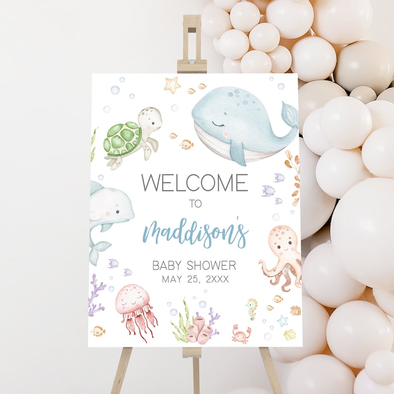 Editable Under The Sea Baby Shower Welcome Sign, Neutral Nautical Baby Shower Welcome Poster, Sea Creatures Ocean Baby Shower Sign, 0716 image 1