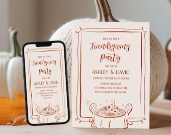 Bearbeitbare Friendsgiving Dinner-Einladung, handgezeichnete Thanksgiving-Einladung, Friendsgiving-Herbsteinladung, Herbsttreffen-Potluck-Einladung 123SE