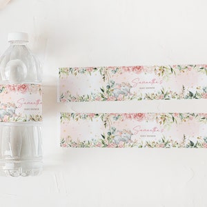 Editable Pink Elephant Baby Shower Bottle Label, Pink Floral Elephant Baby Shower Water Label, Pink Flowers Girl Water Bottle Stickers, 0635 image 3