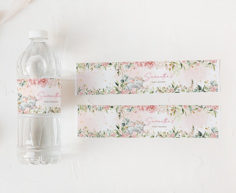 Editable Pink Elephant Baby Shower Bottle Label, Pink Floral Elephant Baby Shower Water Label, Pink Flowers Girl Water Bottle Stickers, 0635 image 3