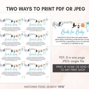 Puede incluir: Tarjetas de invitaci&oacute;n imprimibles para baby shower con el texto "Books for Baby". El dise&ntilde;o incluye ilustraciones de un cuervo, una calabaza, un body de beb&eacute; y un tendedero. Las tarjetas est&aacute;n disponibles en formatos PDF y JPEG.